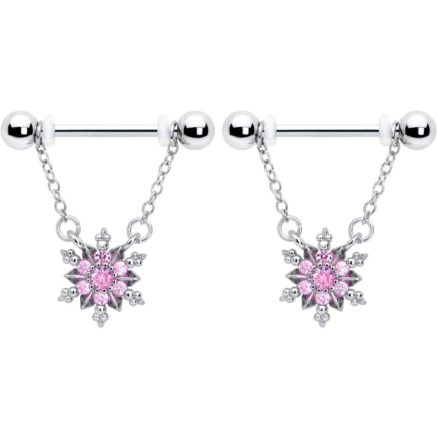 14G 9/16 Pink CZ Gem Glam Snowflake Chain Dangle Nipple Ring Set