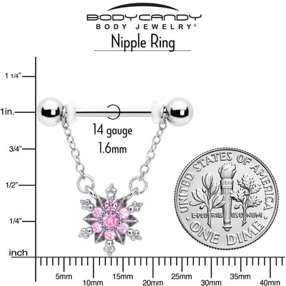 14G 9/16 Pink CZ Gem Glam Snowflake Chain Dangle Nipple Ring Set