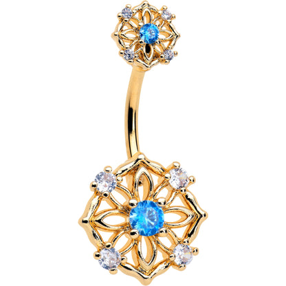 Blue CZ Gem Gold Tone Flower Ring Double Mount Belly Ring