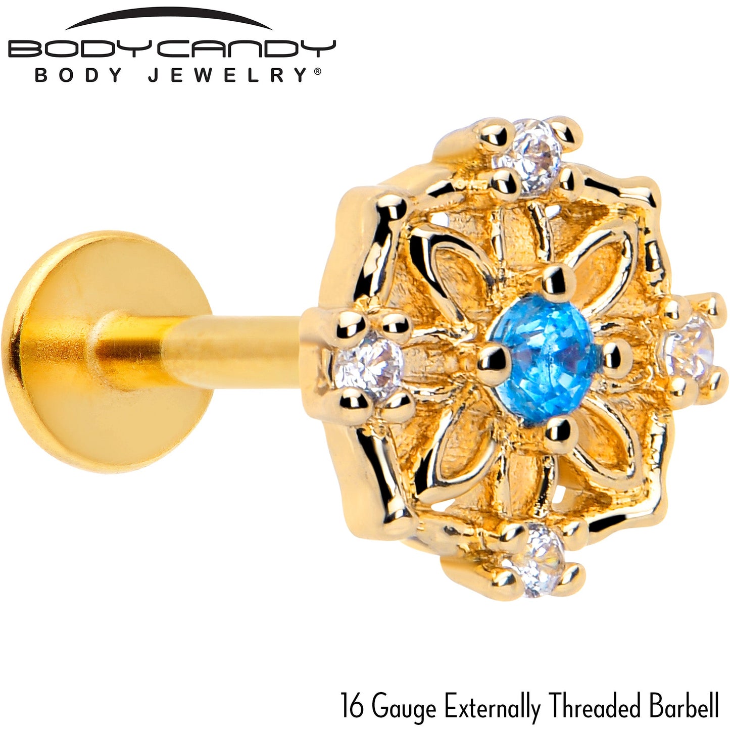 16G 5/16 Blue CZ Gem Gold Tone Flower Ring Labret Monroe Tragus