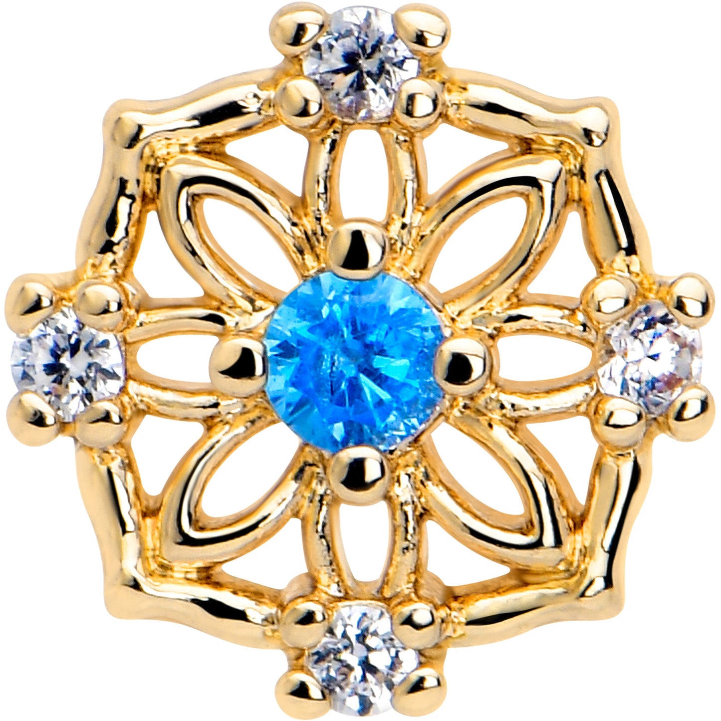 16G 5/16 Blue CZ Gem Gold Tone Flower Ring Labret Monroe Tragus