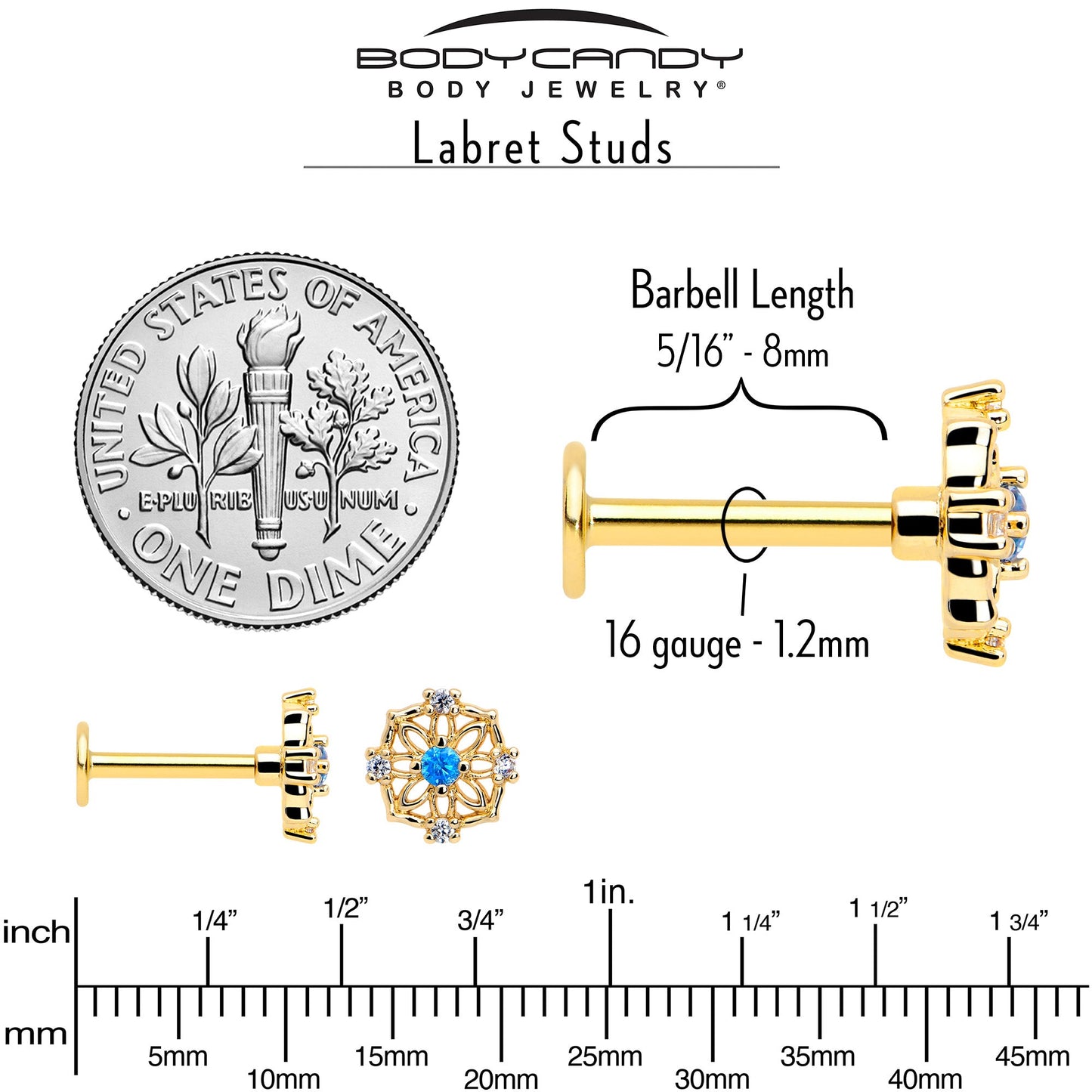 16G 5/16 Blue CZ Gem Gold Tone Flower Ring Labret Monroe Tragus