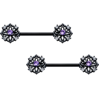 14G 9/16 Purple CZ Gem Black Flower Ring Barbell Nipple Ring Set