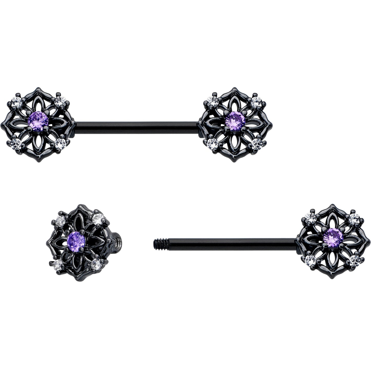 14G 9/16 Purple CZ Gem Black Flower Ring Barbell Nipple Ring Set