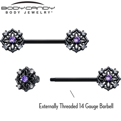 14G 9/16 Purple CZ Gem Black Flower Ring Barbell Nipple Ring Set