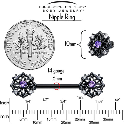 14G 9/16 Purple CZ Gem Black Flower Ring Barbell Nipple Ring Set