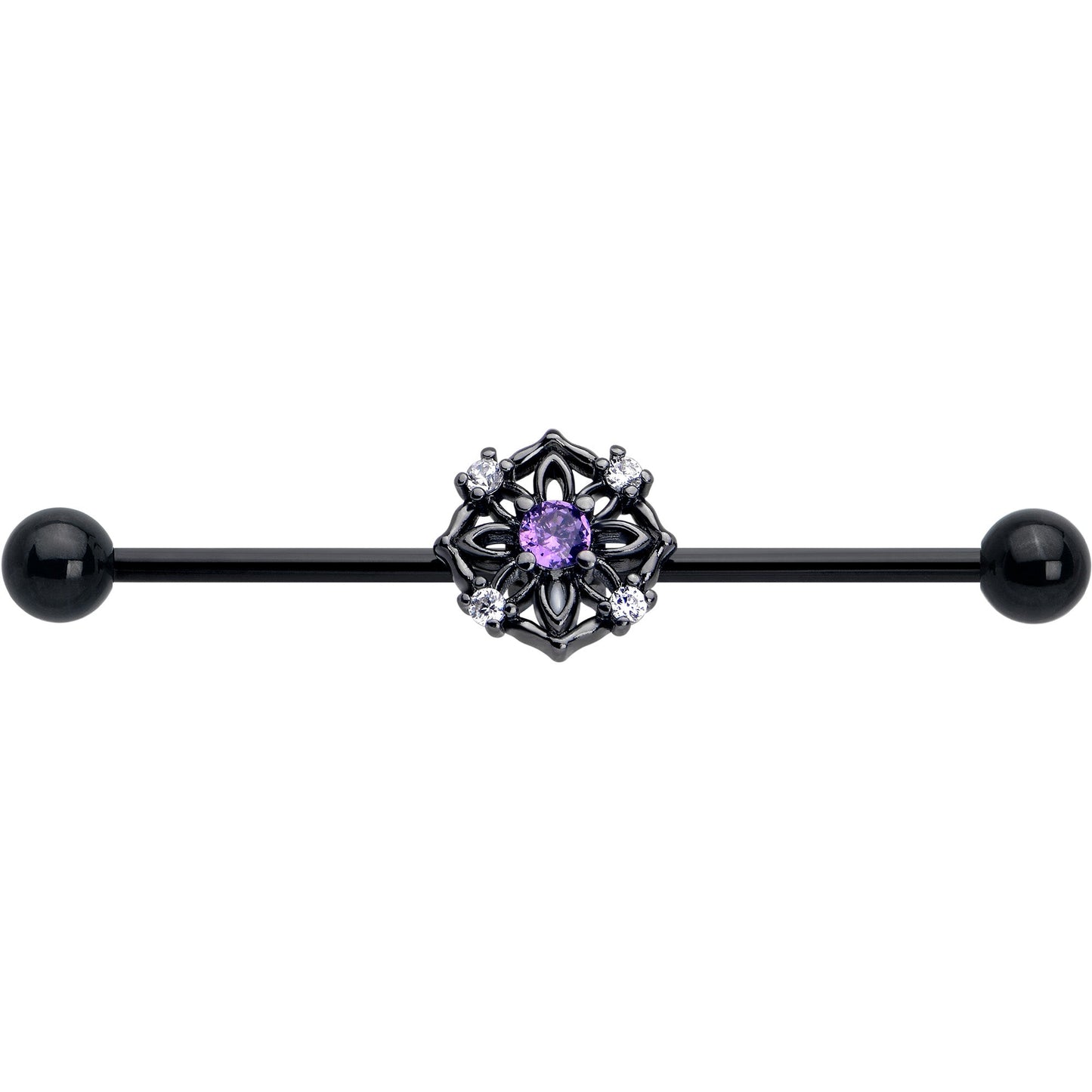 14G Purple CZ Gem Black Flower Ring Industrial Barbell 38mm