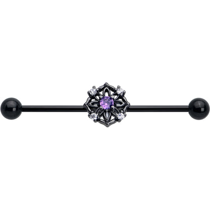 14G Purple CZ Gem Black Flower Ring Industrial Barbell 38mm