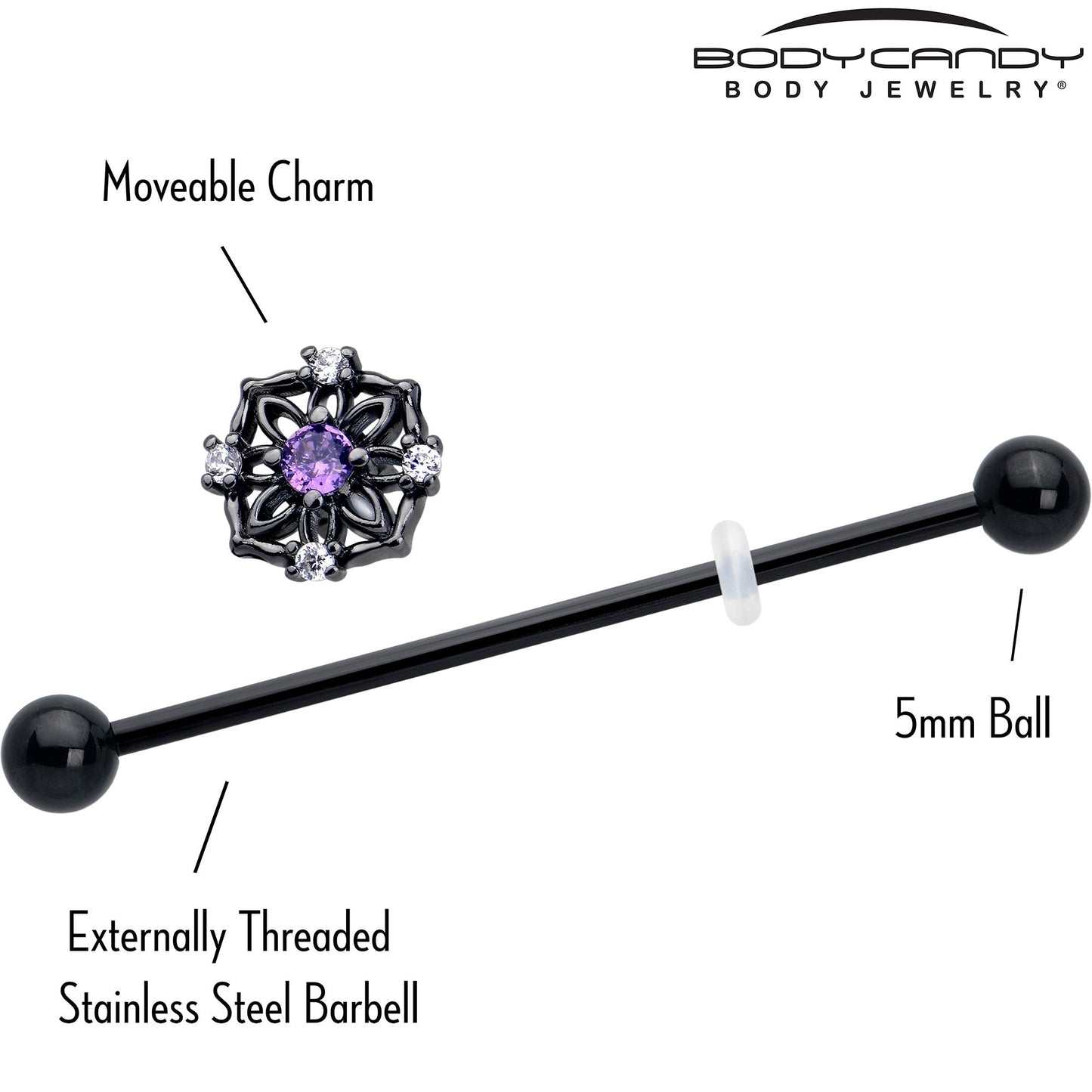 14G Purple CZ Gem Black Flower Ring Industrial Barbell 38mm