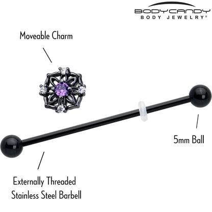 14G Purple CZ Gem Black Flower Ring Industrial Barbell 38mm