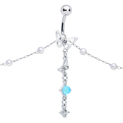 Clear CZ Gem Double Butterfly Faux Pearl Dangle Belly Chain Belly Ring