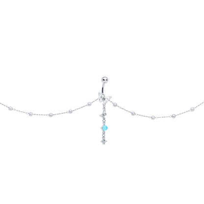 Clear CZ Gem Double Butterfly Faux Pearl Dangle Belly Chain Belly Ring