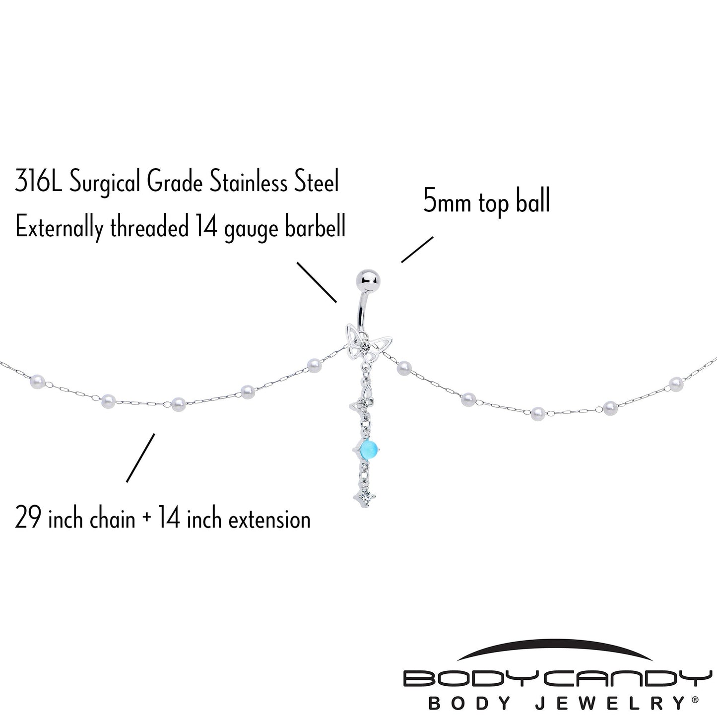 Clear CZ Gem Double Butterfly Faux Pearl Dangle Belly Chain Belly Ring