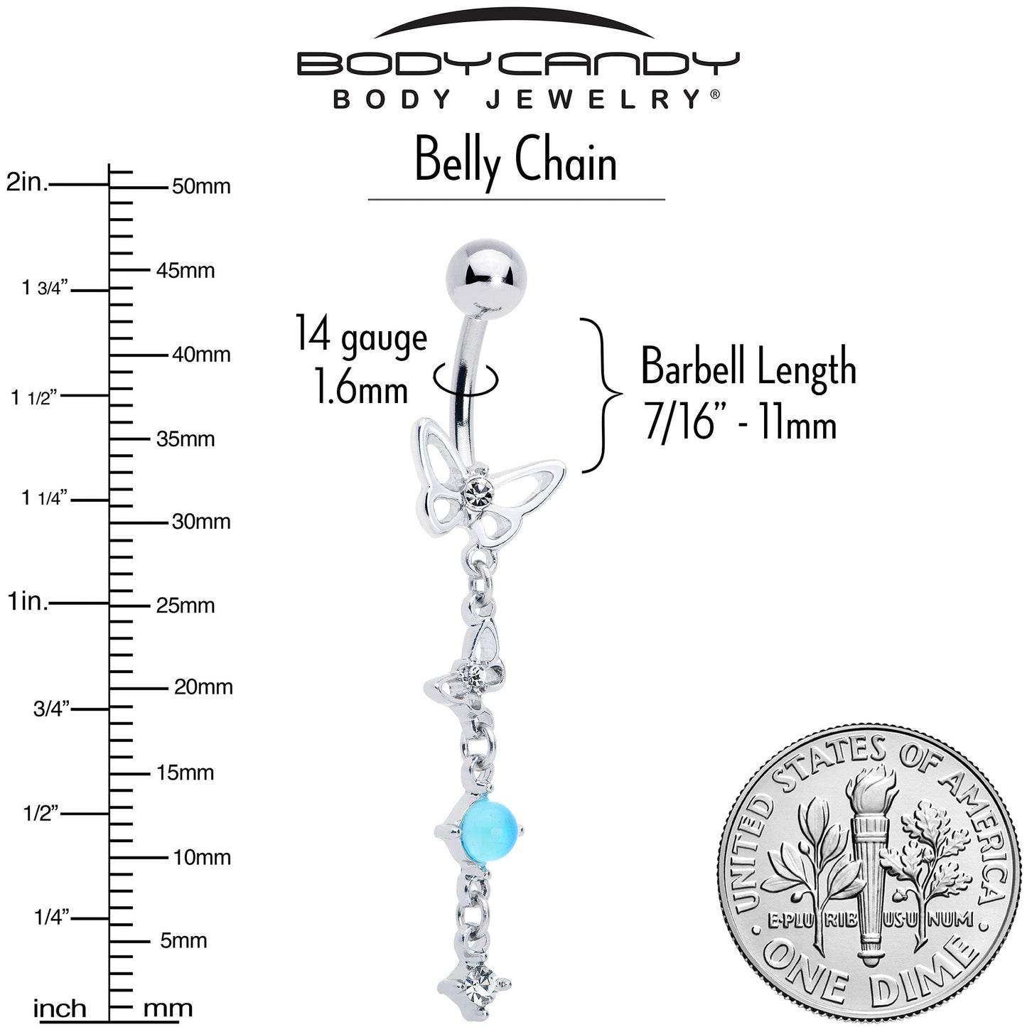 Clear CZ Gem Double Butterfly Faux Pearl Dangle Belly Chain Belly Ring