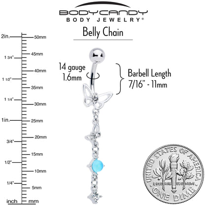 Clear CZ Gem Double Butterfly Faux Pearl Dangle Belly Chain Belly Ring