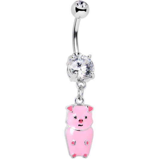 Clear Gem Pretty Pink Piggy Dangle Belly Ring