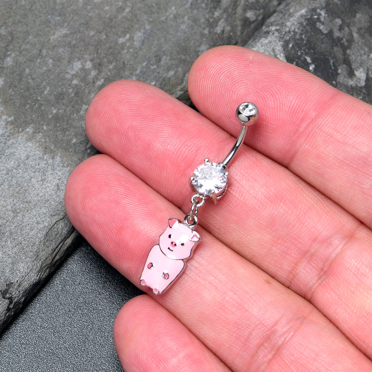 Clear Gem Pretty Pink Piggy Dangle Belly Ring