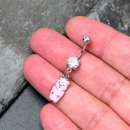 Clear Gem Pretty Pink Piggy Dangle Belly Ring