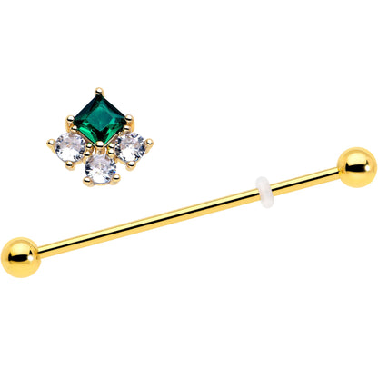 14G Green CZ Gem Gold Tone Rhombus Riot Industrial Barbell 38mm
