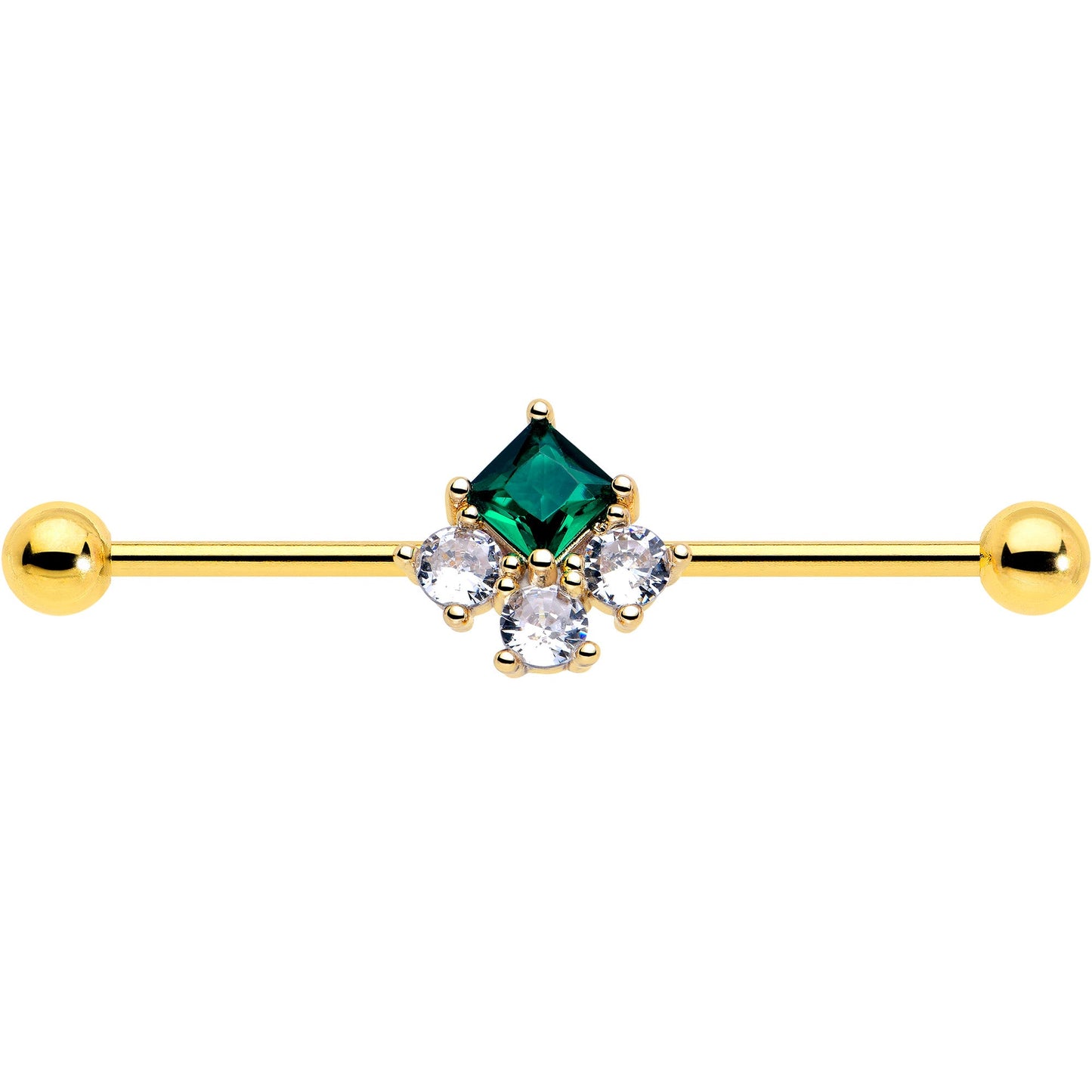14G Green CZ Gem Gold Tone Rhombus Riot Industrial Barbell 38mm
