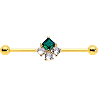 14G Green CZ Gem Gold Tone Rhombus Riot Industrial Barbell 38mm