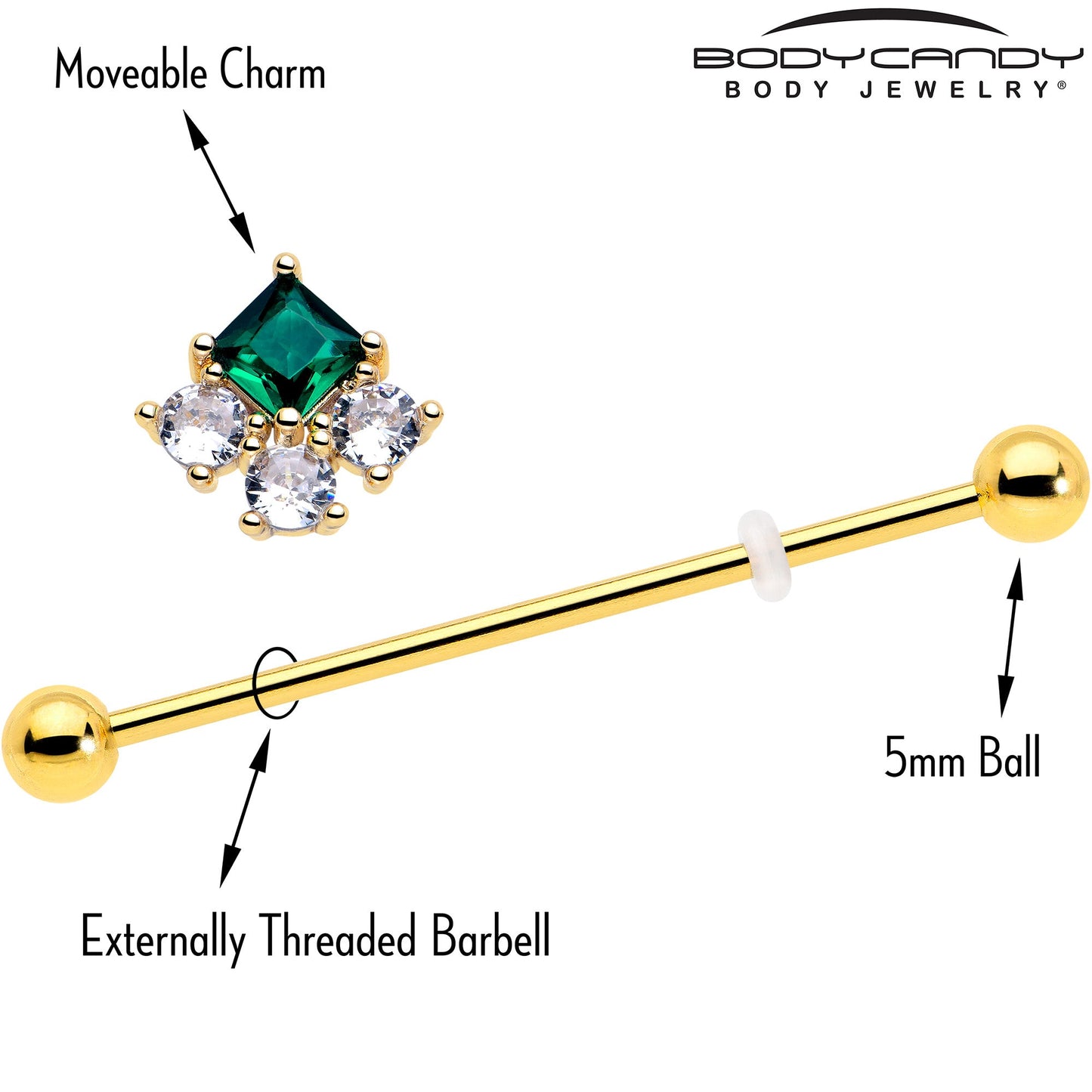 14G Green CZ Gem Gold Tone Rhombus Riot Industrial Barbell 38mm