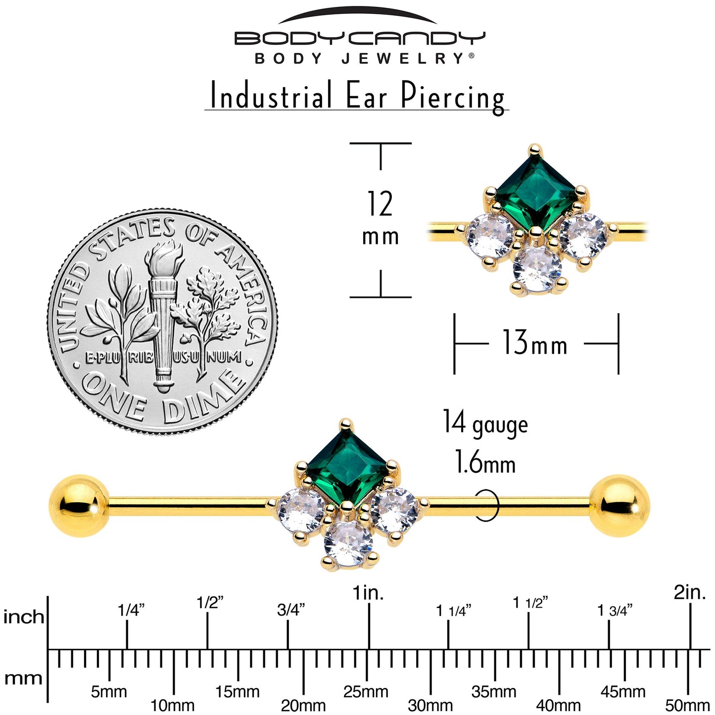 14G Green CZ Gem Gold Tone Rhombus Riot Industrial Barbell 38mm