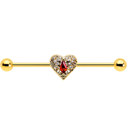 14G Red CZ Gem Gold Tone Heart Queen Industrial Barbell 38mm