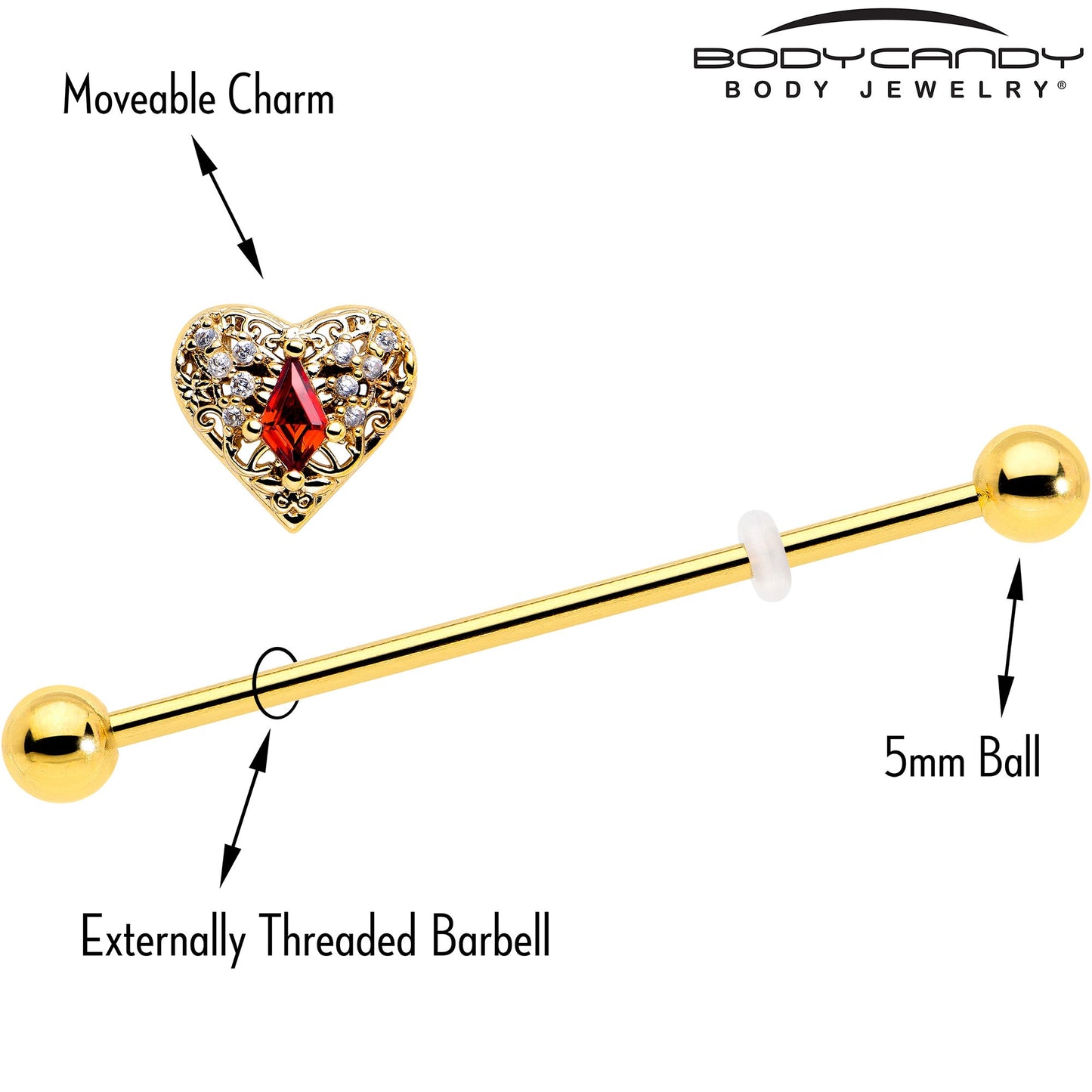 14G Red CZ Gem Gold Tone Heart Queen Industrial Barbell 38mm