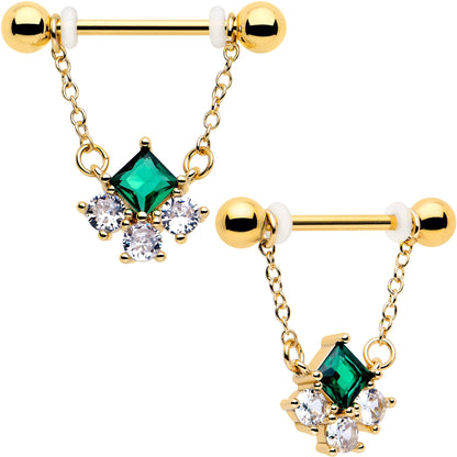 14G 9/16 Green CZ Gem Gold Tone Rhombus Riot Dangle Nipple Ring Set