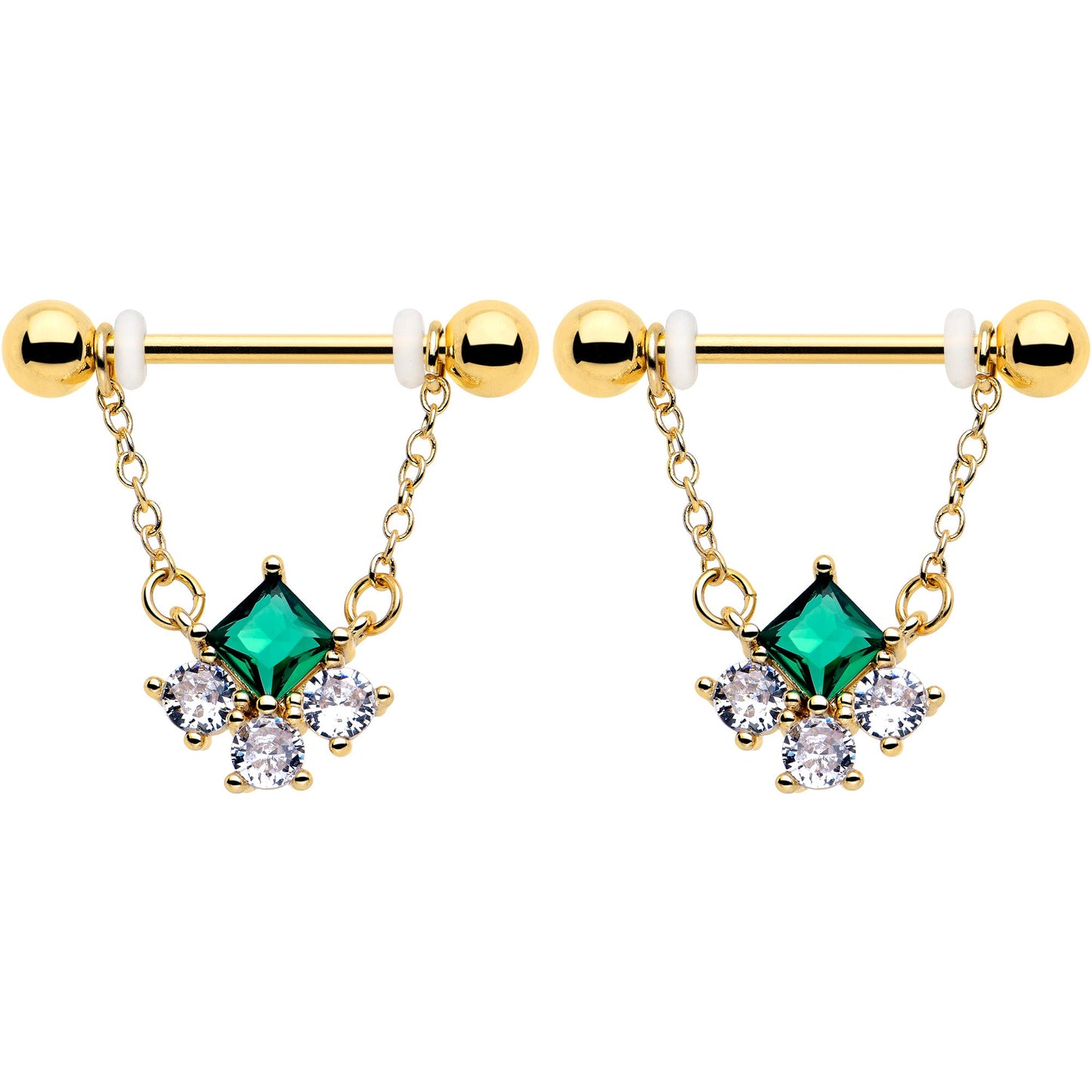 14G 9/16 Green CZ Gem Gold Tone Rhombus Riot Dangle Nipple Ring Set