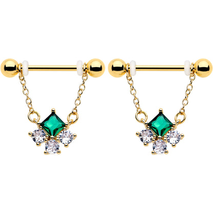 14G 9/16 Green CZ Gem Gold Tone Rhombus Riot Dangle Nipple Ring Set