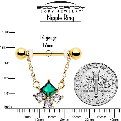 14G 9/16 Green CZ Gem Gold Tone Rhombus Riot Dangle Nipple Ring Set
