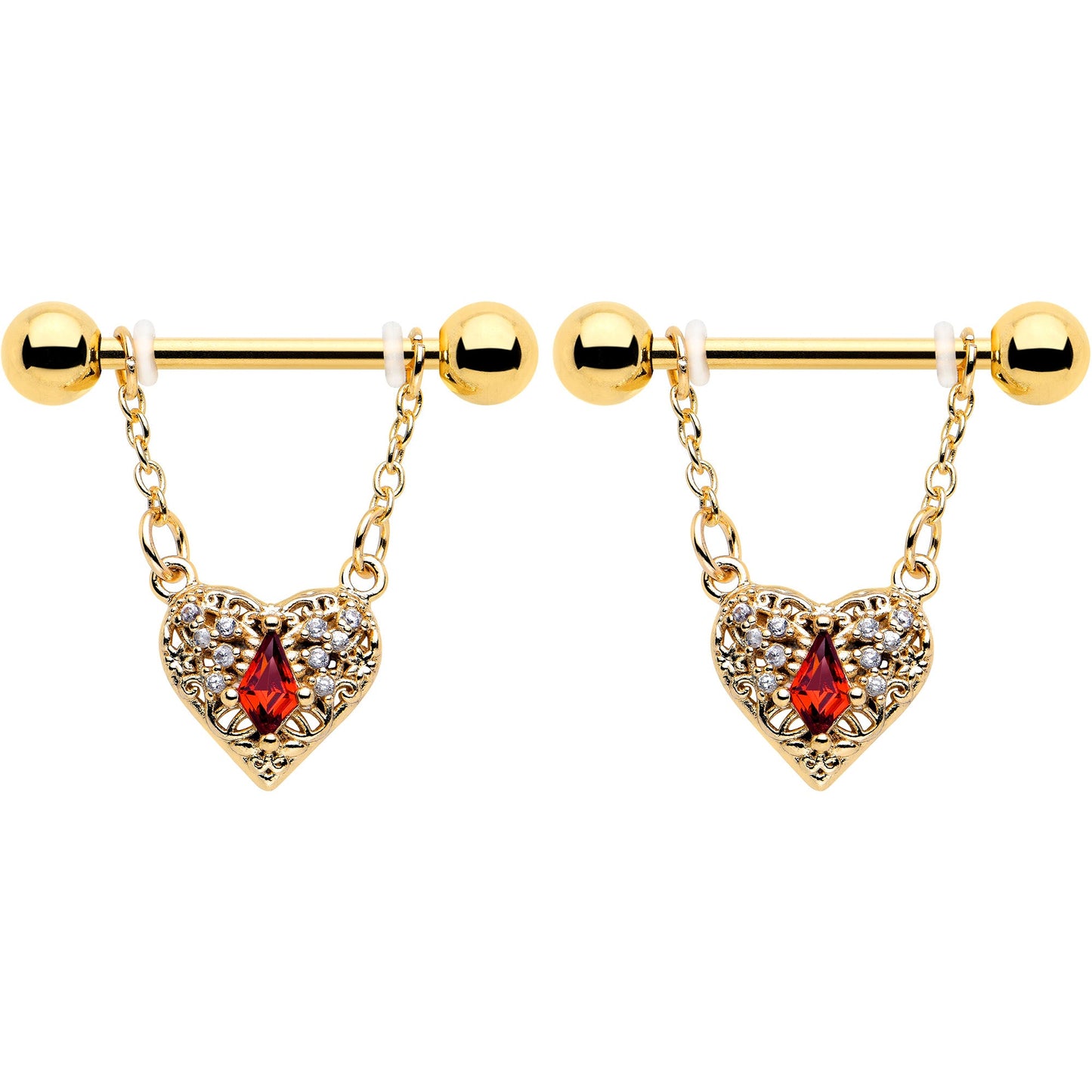14G 9/16 Red CZ Gem Gold Tone Heart Queen Dangle Nipple Ring Set