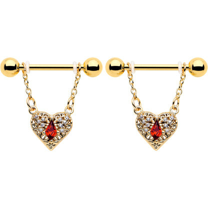 14G 9/16 Red CZ Gem Gold Tone Heart Queen Dangle Nipple Ring Set