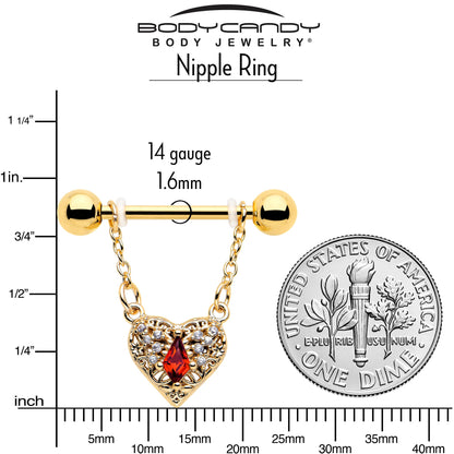 14G 9/16 Red CZ Gem Gold Tone Heart Queen Dangle Nipple Ring Set
