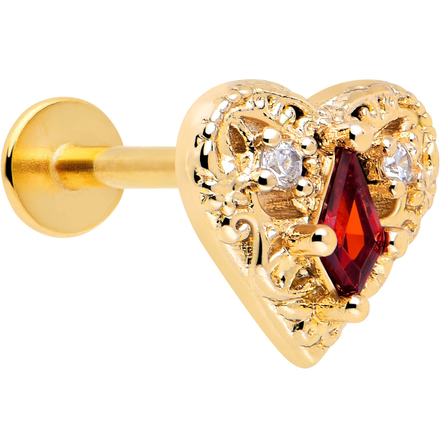 16G 5/16 Red CZ Gem Gold Tone Heart Queen Flatback Stud