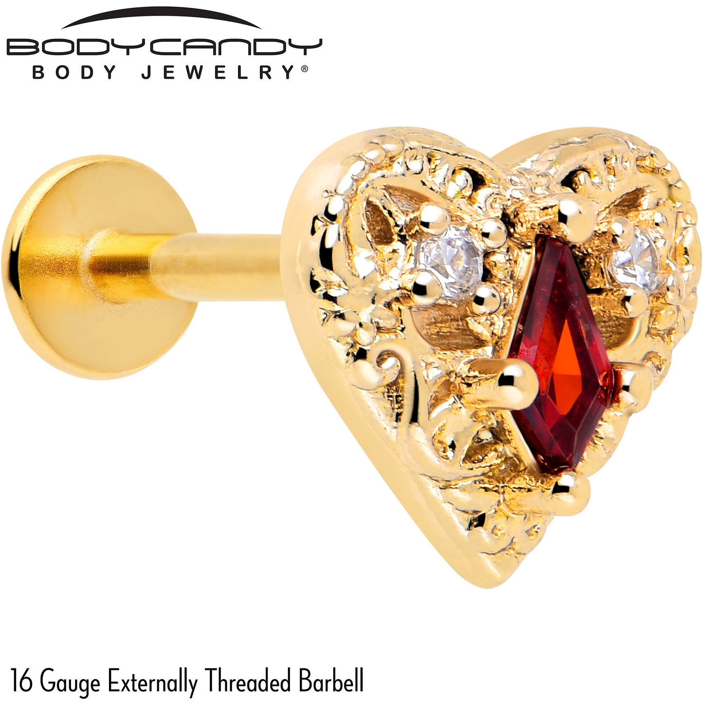 16G 5/16 Red CZ Gem Gold Tone Heart Queen Flatback Stud