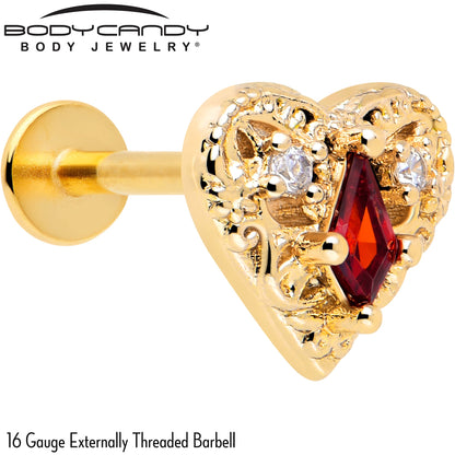 16G 5/16 Red CZ Gem Gold Tone Heart Queen Flatback Stud