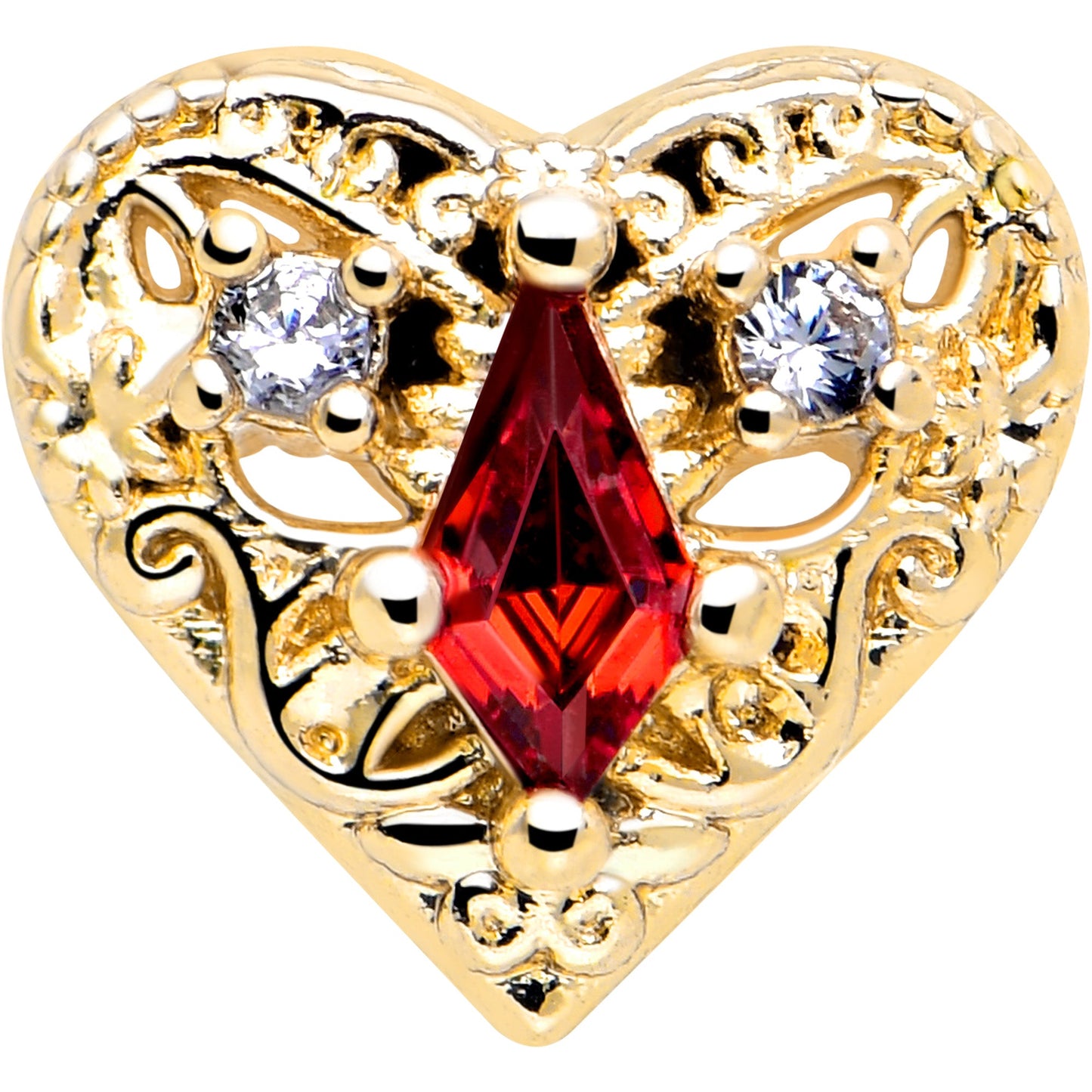 16G 5/16 Red CZ Gem Gold Tone Heart Queen Flatback Stud