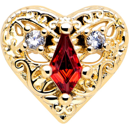 16G 5/16 Red CZ Gem Gold Tone Heart Queen Flatback Stud