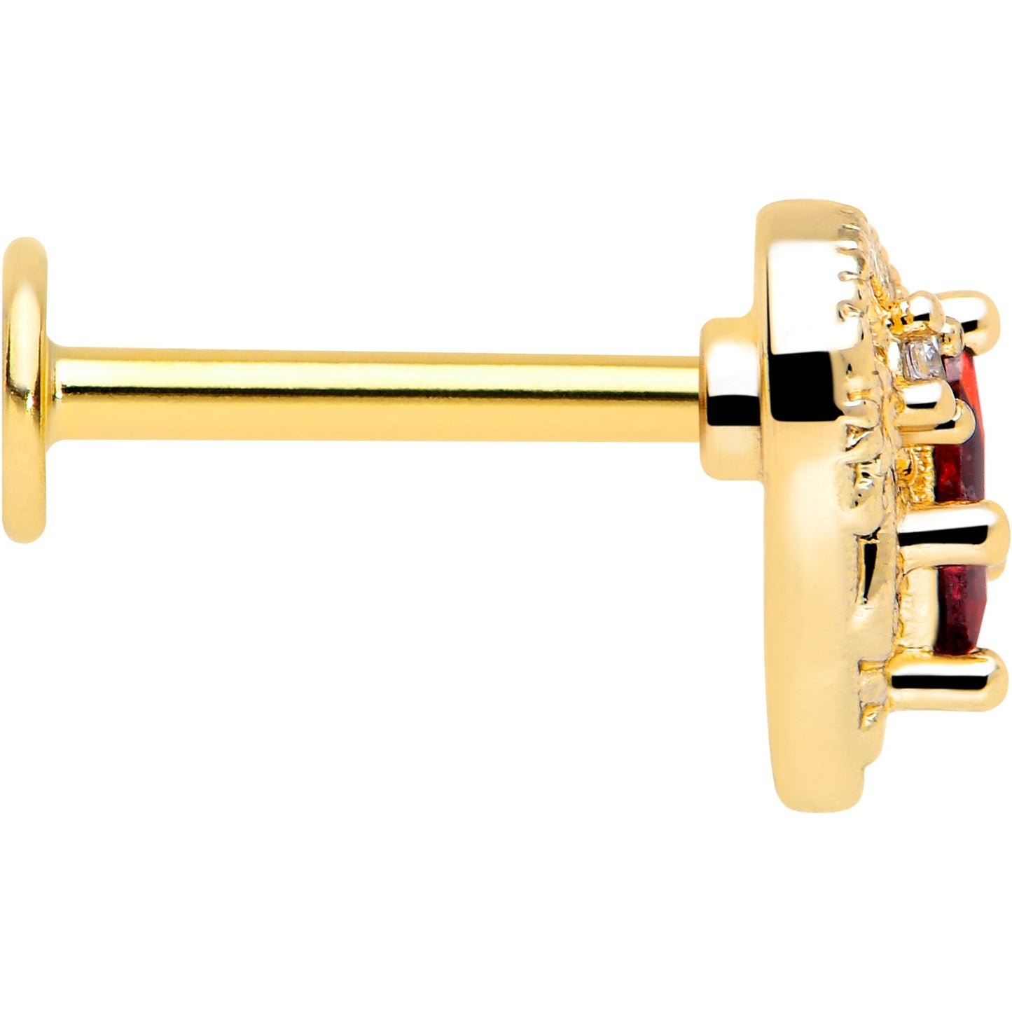 16G 5/16 Red CZ Gem Gold Tone Heart Queen Flatback Stud