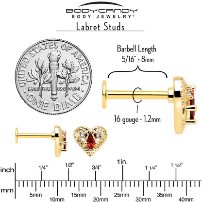16G 5/16 Red CZ Gem Gold Tone Heart Queen Flatback Stud