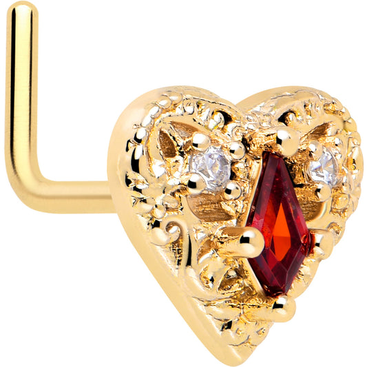 20G 7mm Red CZ Gem Gold Tone Heart Queen L Shape Nose Ring