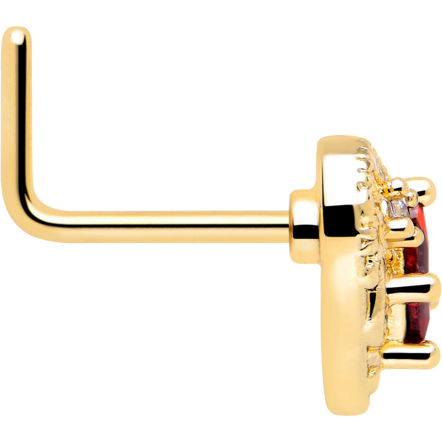 20G 7mm Red CZ Gem Gold Tone Heart Queen L Shape Nose Ring