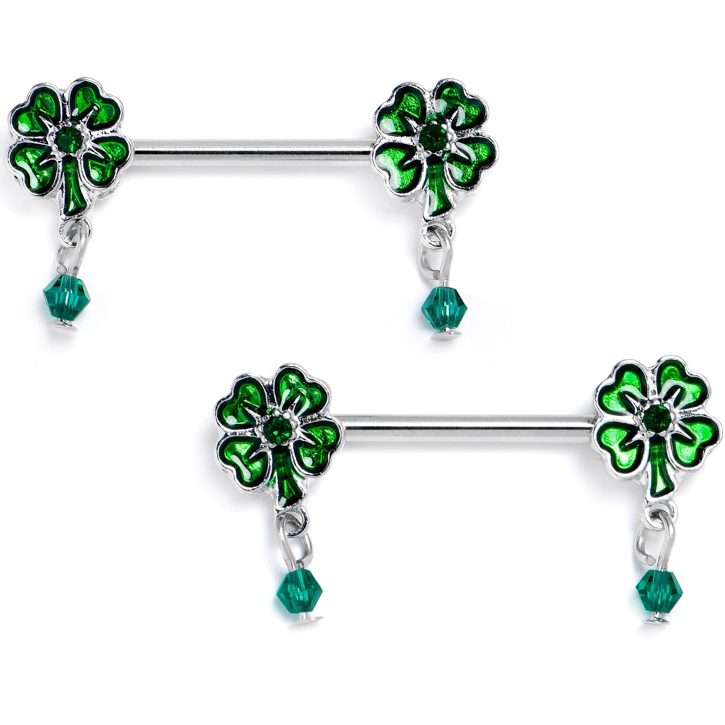 14G 9/16 Green Gem Shamrock Glam St Patricks Dangle Nipple Ring Set