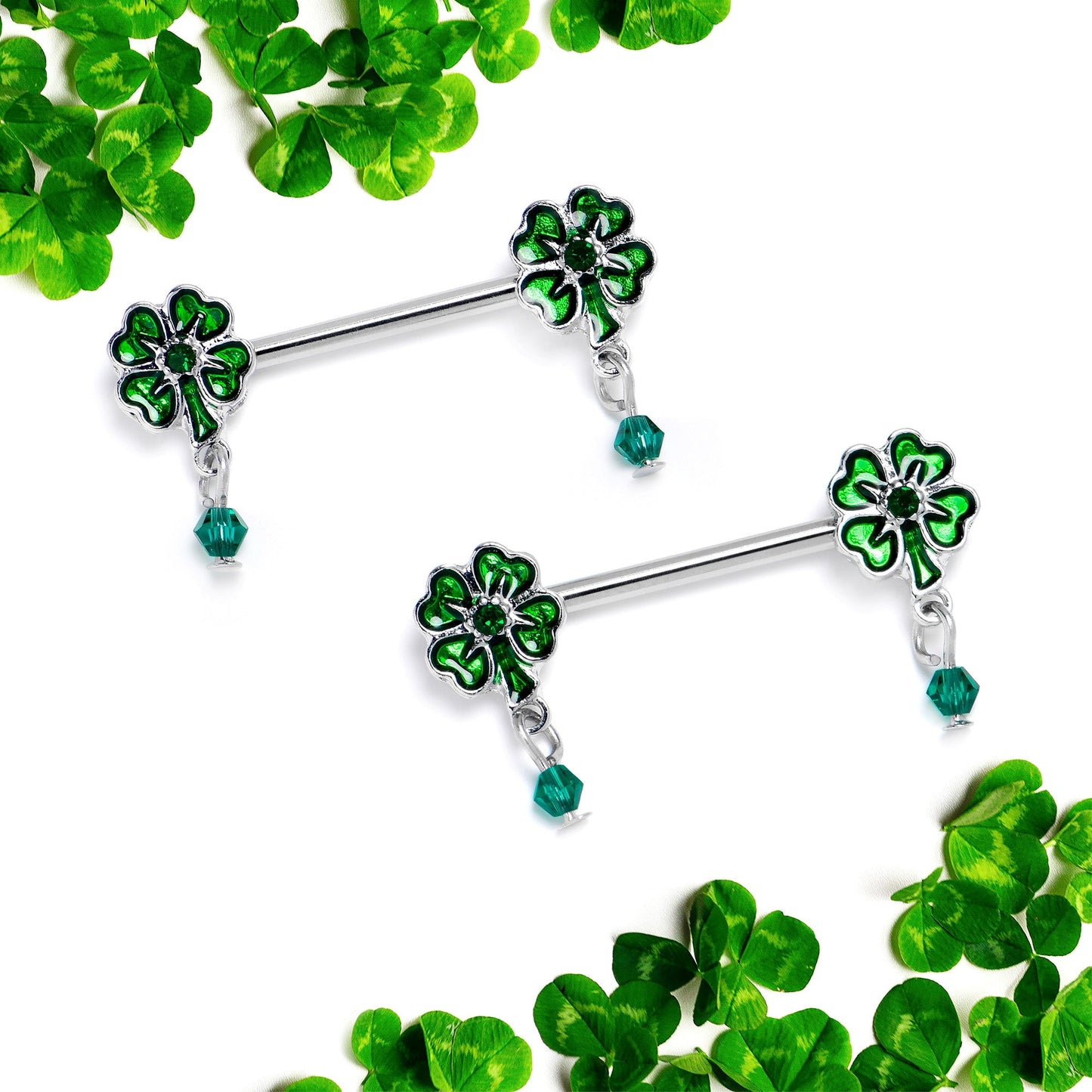 14G 9/16 Green Gem Shamrock Glam St Patricks Dangle Nipple Ring Set