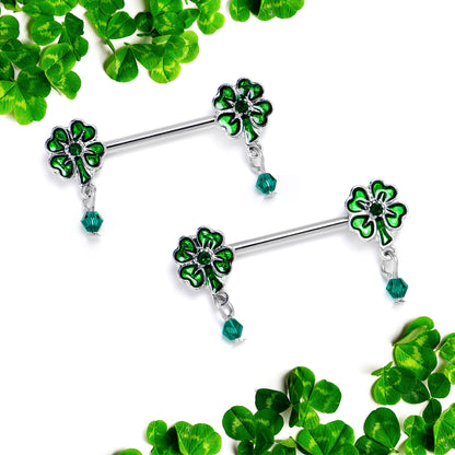 14G 9/16 Green Gem Shamrock Glam St Patricks Dangle Nipple Ring Set