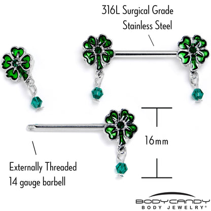 14G 9/16 Green Gem Shamrock Glam St Patricks Dangle Nipple Ring Set