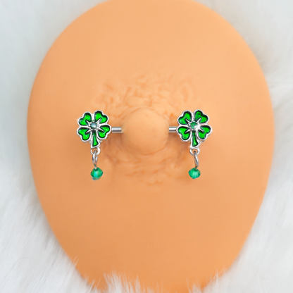 14G 9/16 Green Gem Shamrock Glam St Patricks Dangle Nipple Ring Set